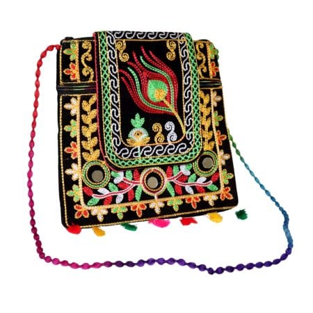 Jaipuri Handmade Black Embroidered Sling Bag - Cotton Crossbody Bag with Peacock Feather Motif & Tassels